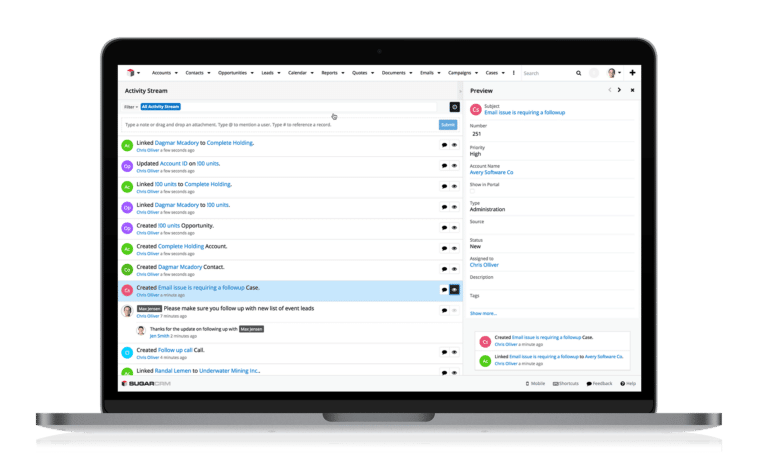 Laptop screenshot of Sugar CRM activity stream in use