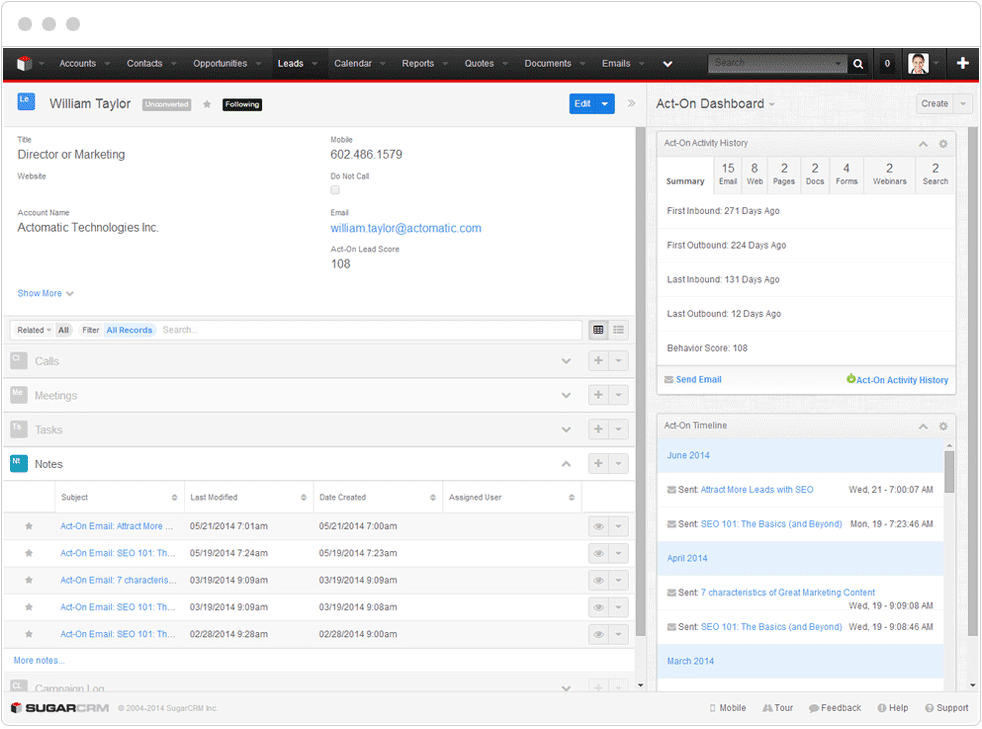 Gain more insight into lead flow and lead behavior by integrating Act-On directly into your Sugar instance.