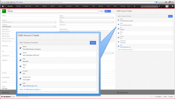 D&B for Sugar makes it easy to quickly create new records from D&B data, and increase data quality in your Sugar instance. 