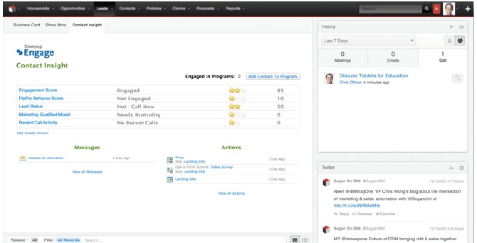 Deeply integrated marketing and sales tools, as seen here with data from IBM Silverpop seamlessly embedded into Sugar’s SFA UI, can build bridges between sales and marketing to drive enhanced conversion and close rates. 