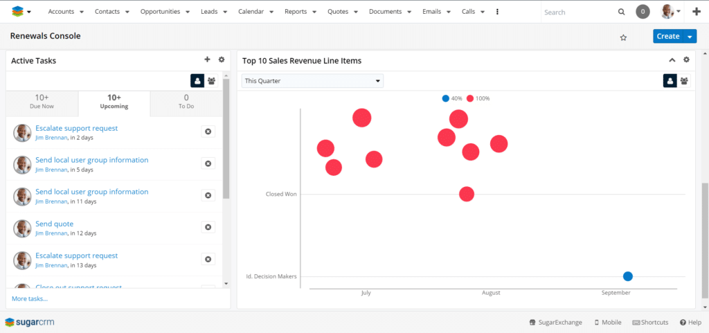 You will see the current and upcoming planned activities as well as your top 10 revenue line items.