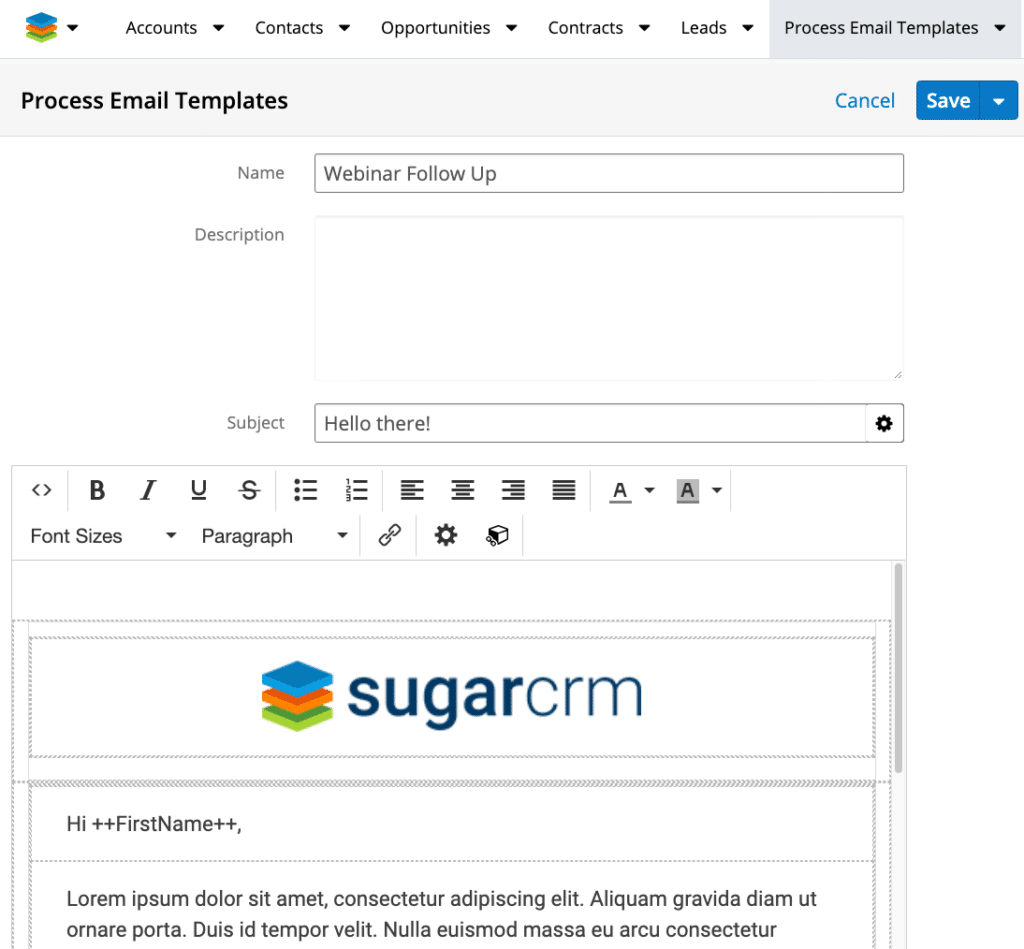 Sugar Market email template used in a Process Email Template for SugarBPM