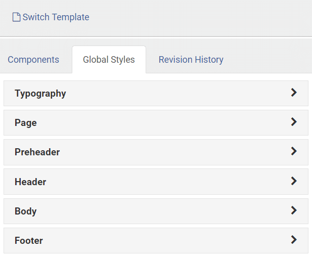 Sugar Market Email Builder with the Global Section visible.