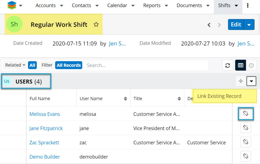 The Users subpanel lets you get a quick view of all linked users to a certain shift.