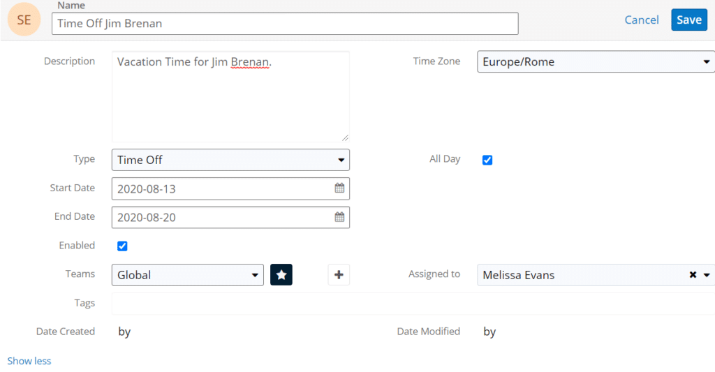 Fill in all the needed details before scheduling a shift exception in Sugar.