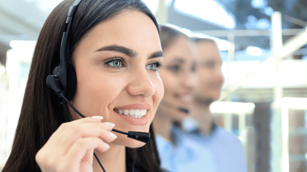 a customer service agent talks on a headset