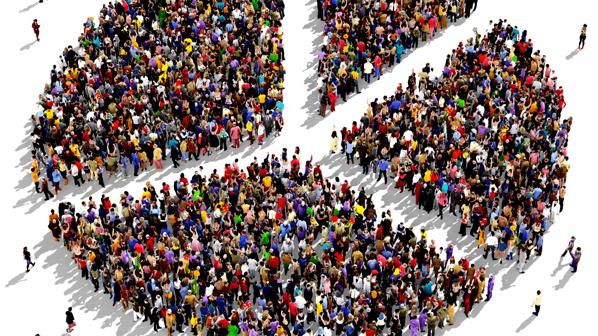 a large group of people seen from above gathered together in the shape of a pie chart