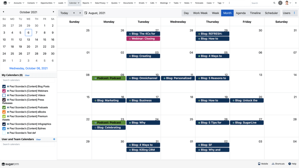 The Calendar module has been converted from the legacy user interface to the Sidecar interface and offers more robust calendaring options.