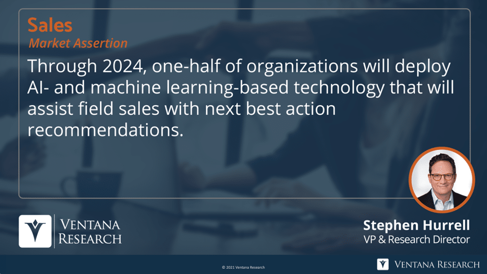 Through 2024, one-half of organizations will deploy AI and machine learning based technology that will assist field sales with next best action recommendations.